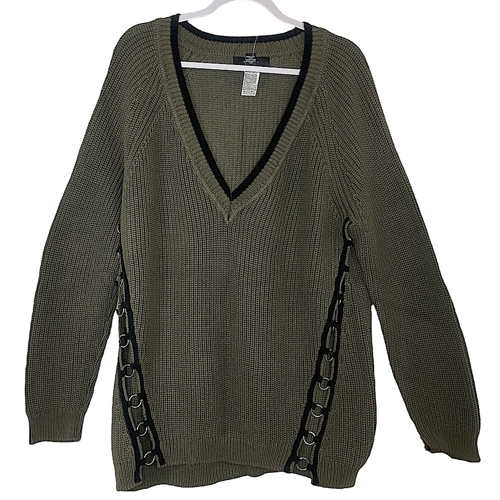 🫑 NWT 3X Forever21 Green Sweater Silver Hoop Black Trim Knitted
